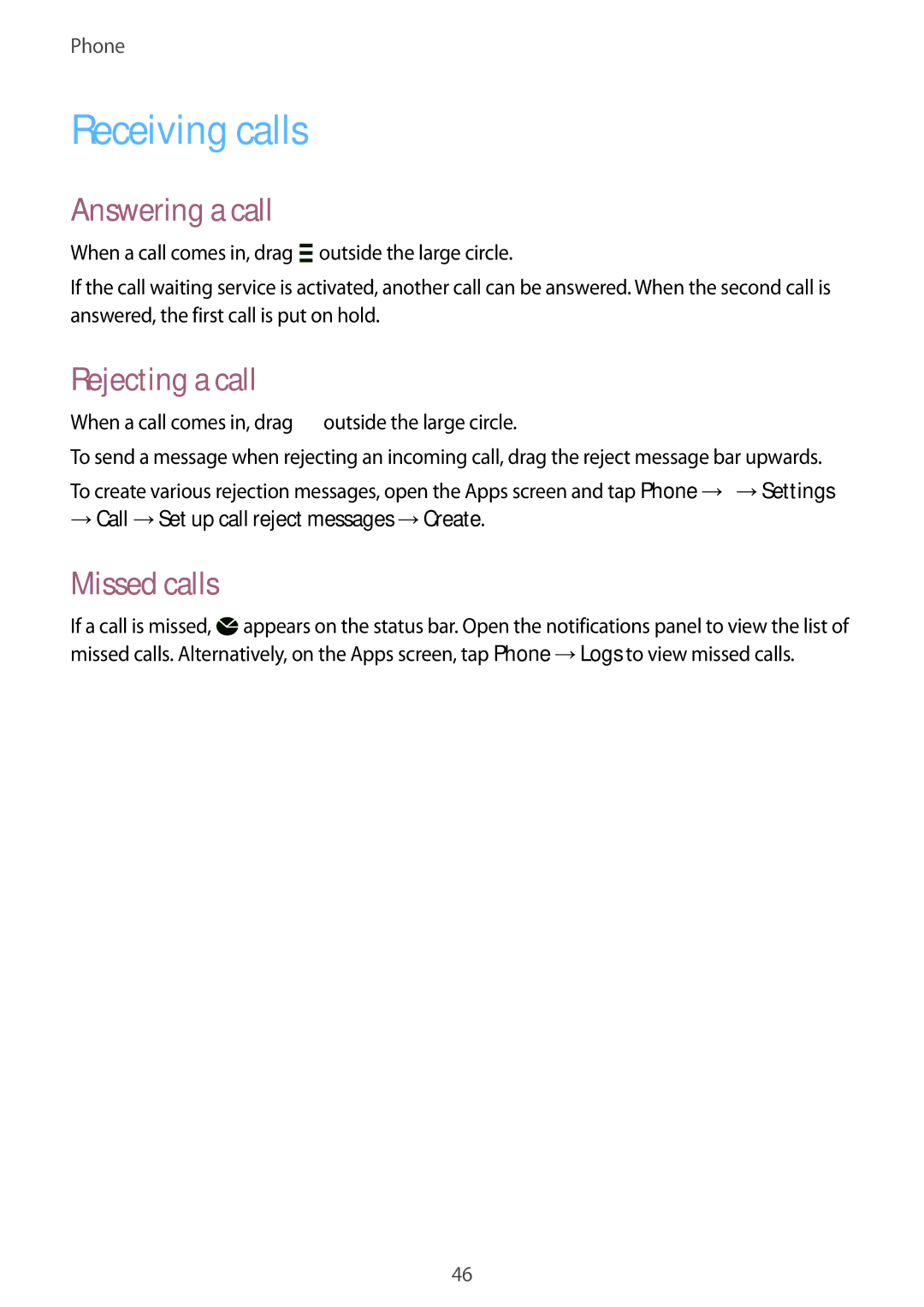 Samsung SM2G130HZWNORS, SM-G130HZWNVDR, SM-G130HZWNDDE Receiving calls, Answering a call, Rejecting a call, Missed calls 