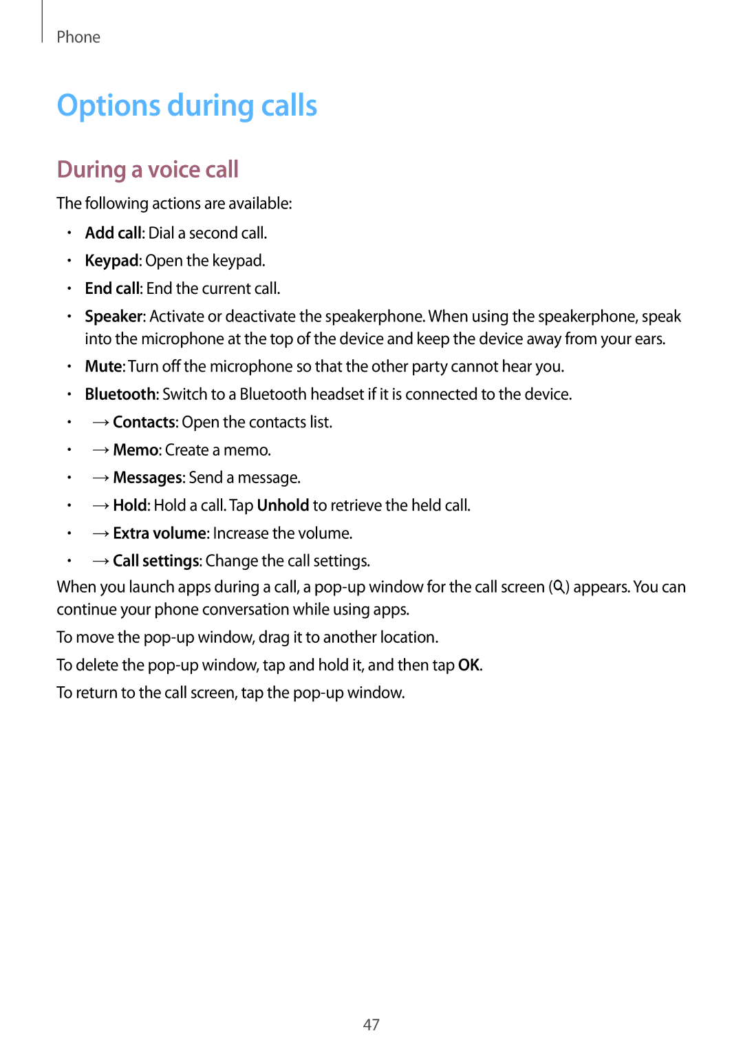 Samsung SM2G130HZANORS, SM-G130HZWNVDR, SM-G130HZWNDDE, SM-G130HZWNDBT manual Options during calls, During a voice call 