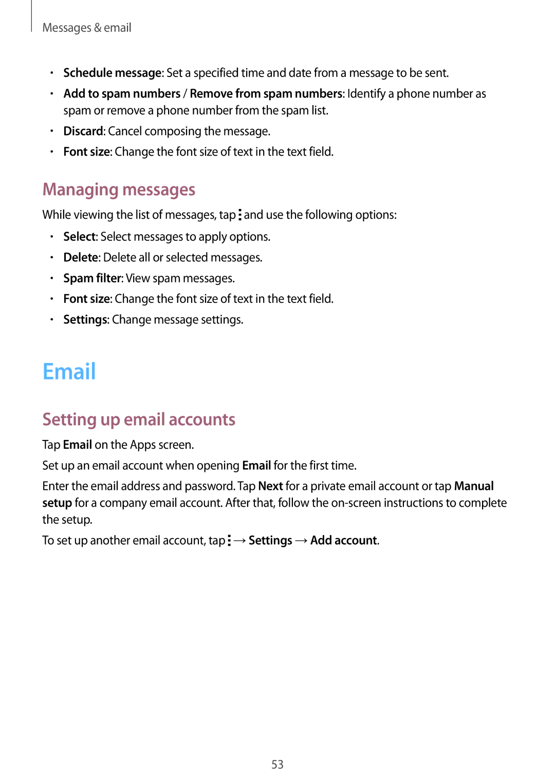 Samsung SM-G130HZWNTMH, SM-G130HZWNVDR, SM-G130HZWNDDE, SM-G130HZWNDBT manual Managing messages, Setting up email accounts 