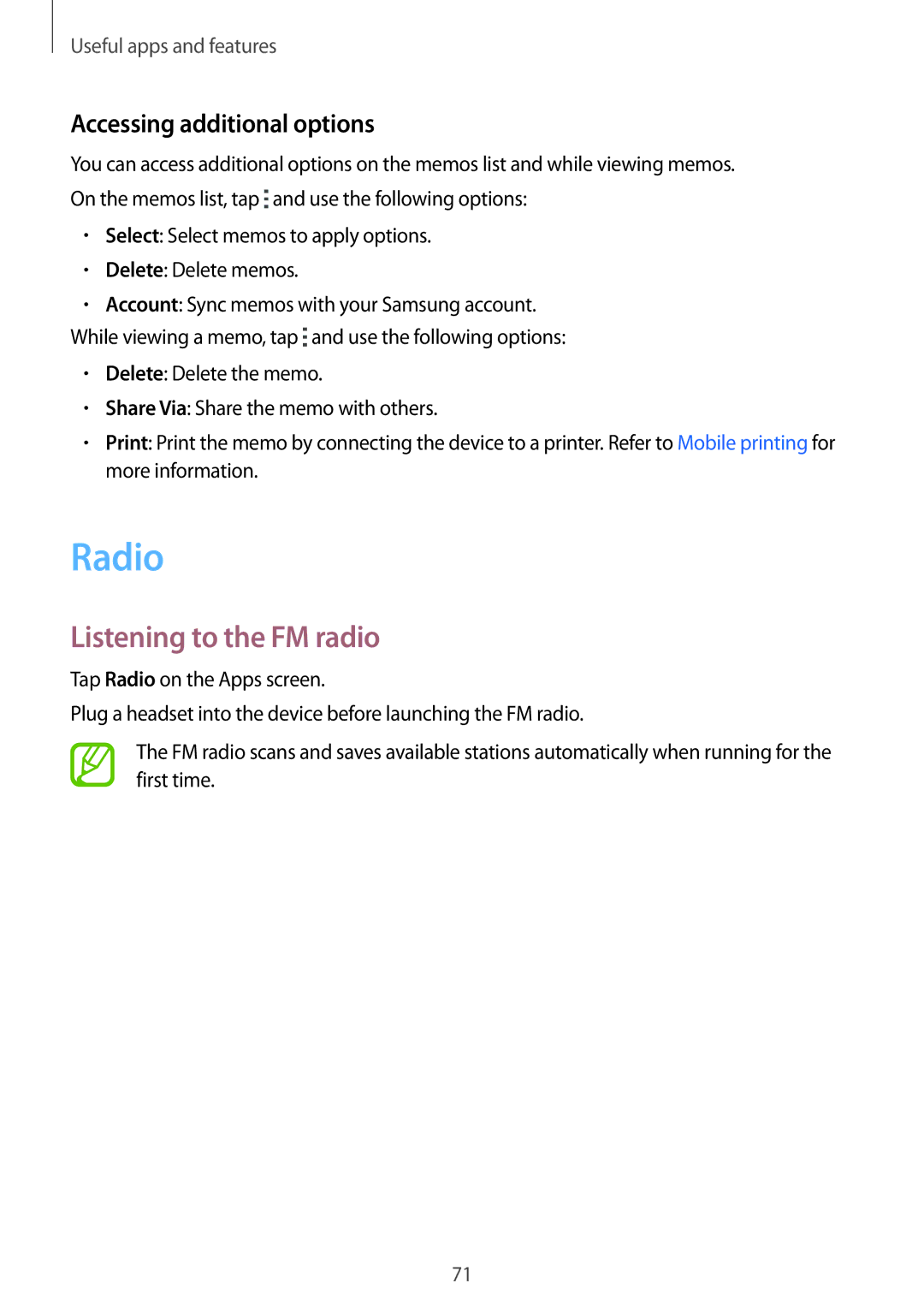 Samsung SM2G130HZANVDH, SM-G130HZWNVDR, SM-G130HZWNDDE, SM-G130HZWNDBT, SM-G130HZANSEB manual Radio, Listening to the FM radio 