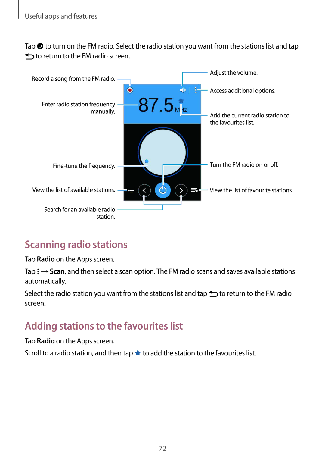 Samsung SM2G130HZANPAN, SM-G130HZWNVDR, SM-G130HZWNDDE manual Scanning radio stations, Adding stations to the favourites list 