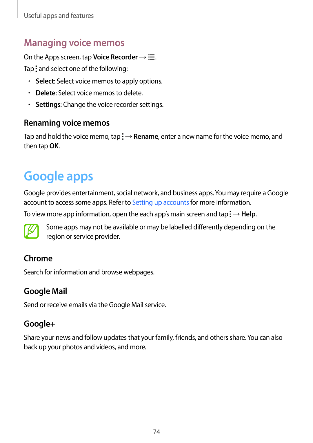 Samsung SM-G130HZWANEE, SM-G130HZWNVDR, SM-G130HZWNDDE, SM-G130HZWNDBT, SM-G130HZANSEB manual Google apps, Managing voice memos 