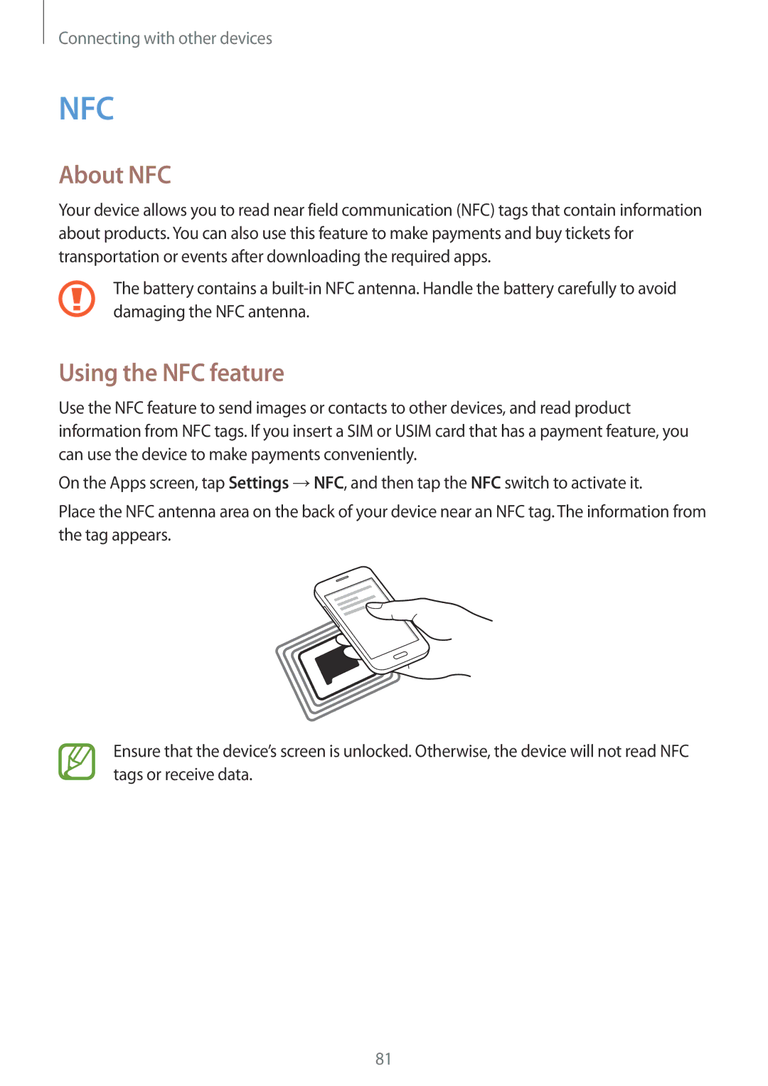 Samsung SM-G130HZWNDDE, SM-G130HZWNVDR, SM-G130HZWNDBT, SM-G130HZANSEB, SM2G130HZWNDDE manual About NFC, Using the NFC feature 