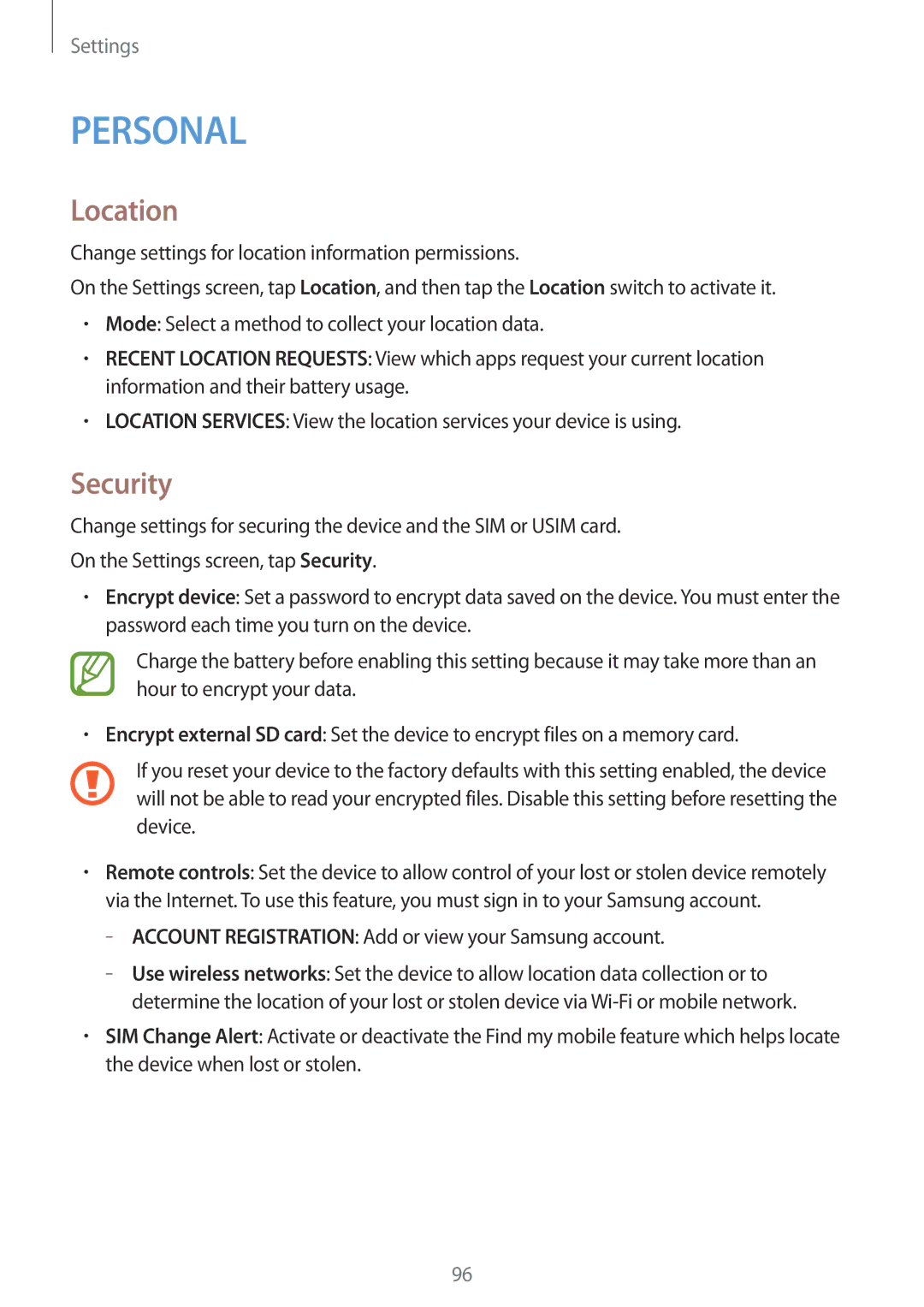 Samsung SM-G130HZANDBT, SM-G130HZWNVDR, SM-G130HZWNDDE, SM-G130HZWNDBT, SM-G130HZANSEB, SM2G130HZWNDDE manual Location, Security 