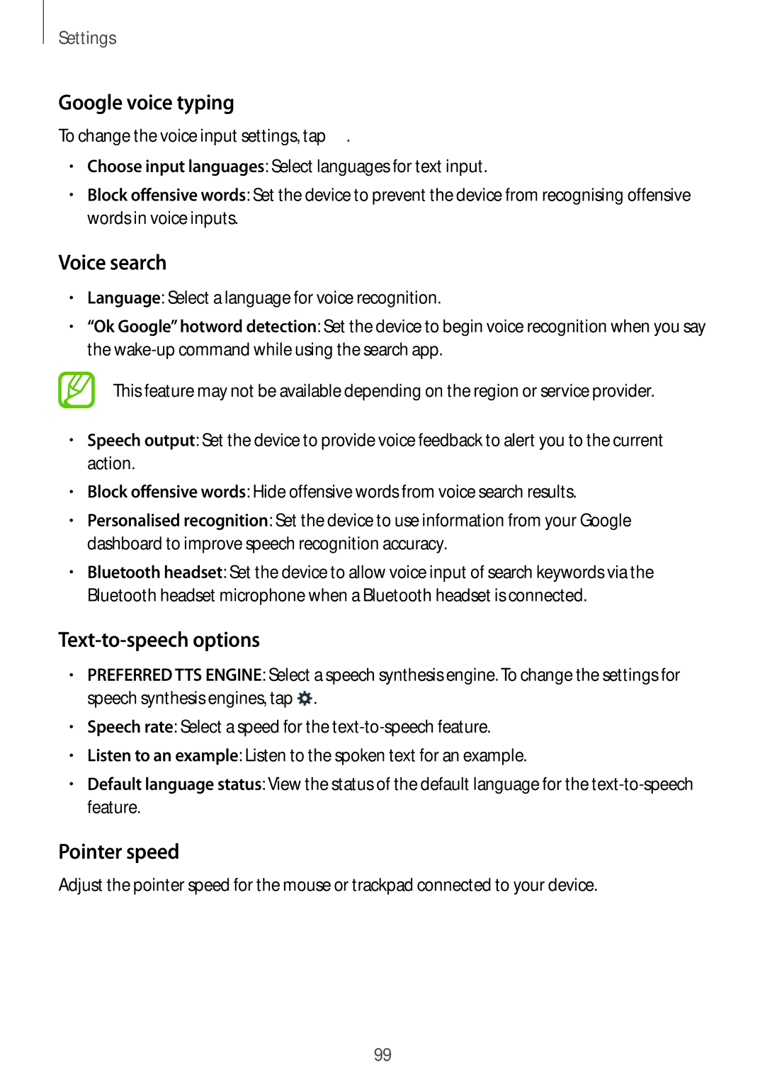 Samsung SM-G130HZANEUR, SM-G130HZWNVDR, SM-G130HZWNDDE manual Google voice typing, Text-to-speech options, Pointer speed 