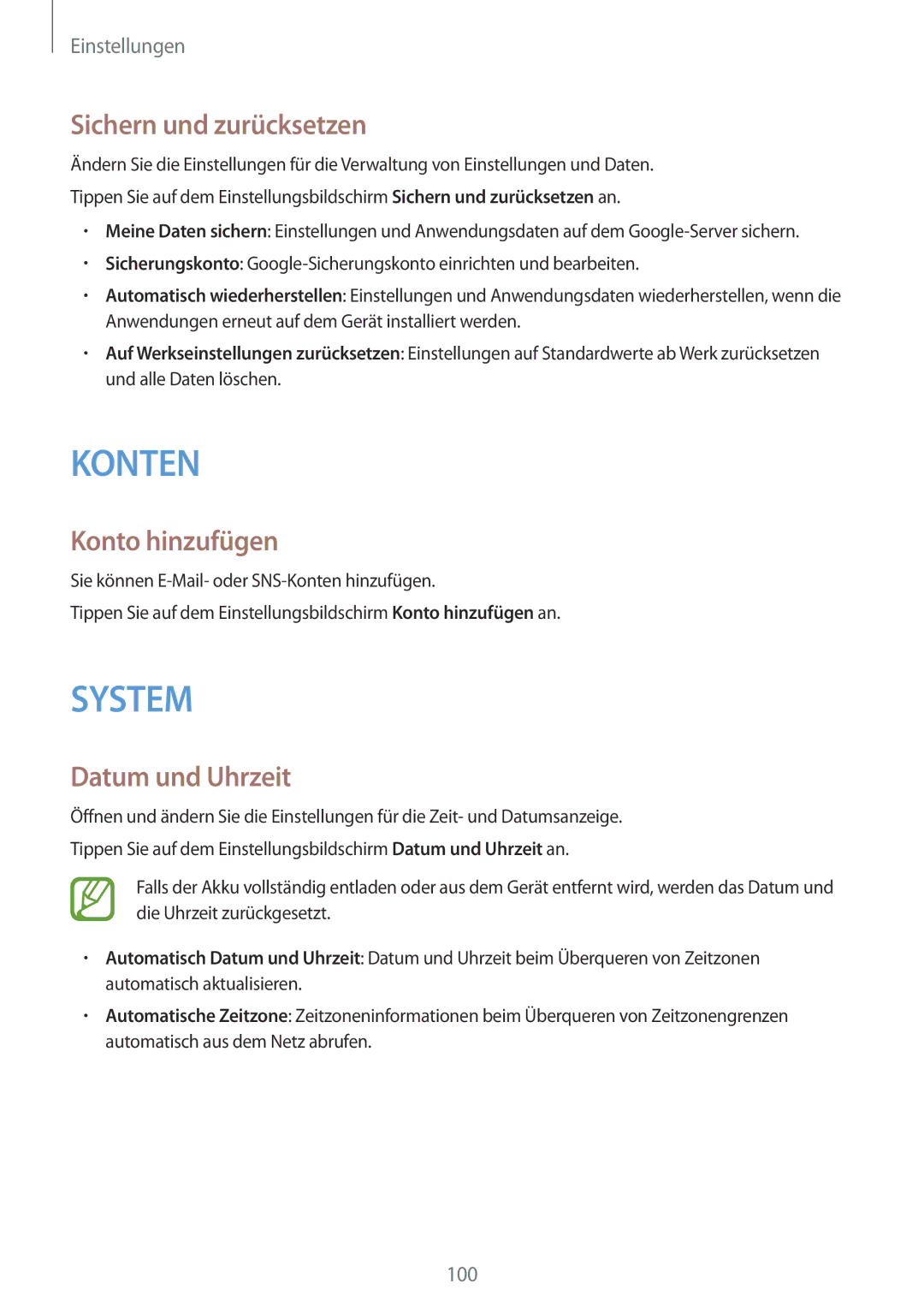 Samsung SM-G130HZWNVD2, SM-G130HZWNVDR, SM-G130HZWNDDE manual Sichern und zurücksetzen, Konto hinzufügen, Datum und Uhrzeit 