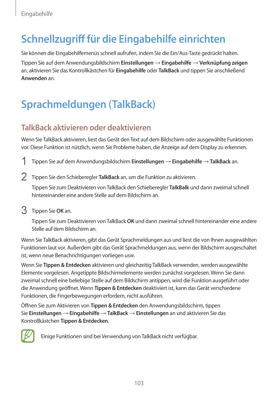 Samsung SM-G130HZANVD2, SM-G130HZWNVDR manual Schnellzugriff für die Eingabehilfe einrichten, Sprachmeldungen TalkBack 