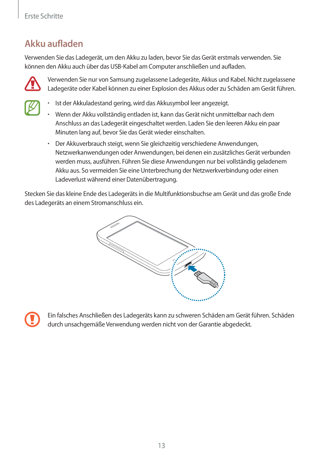 Samsung SM-G130HZWNTCL, SM-G130HZWNVDR, SM-G130HZWNDDE, SM-G130HZWNDBT, SM-G130HZANSEB, SM2G130HZWNDDE manual Akku aufladen 