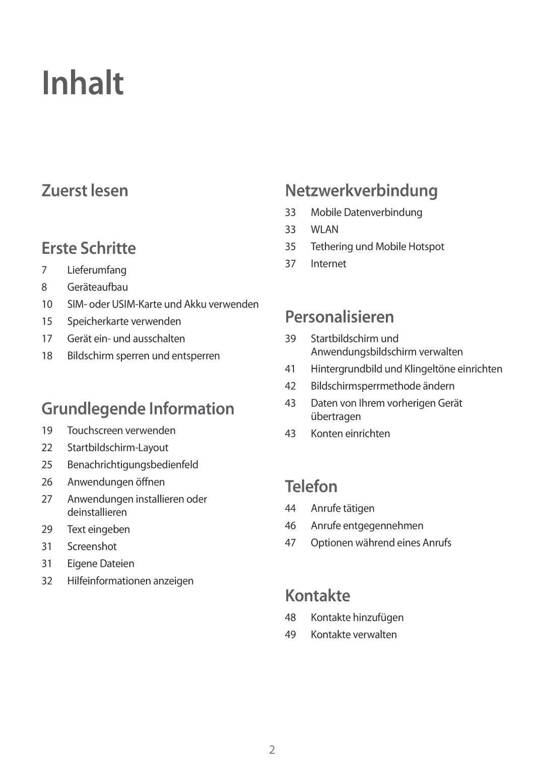 Samsung SM-G130HZWNDBT, SM-G130HZWNVDR, SM-G130HZWNDDE, SM-G130HZANSEB, SM2G130HZWNDDE Inhalt, Zuerst lesen Erste Schritte 