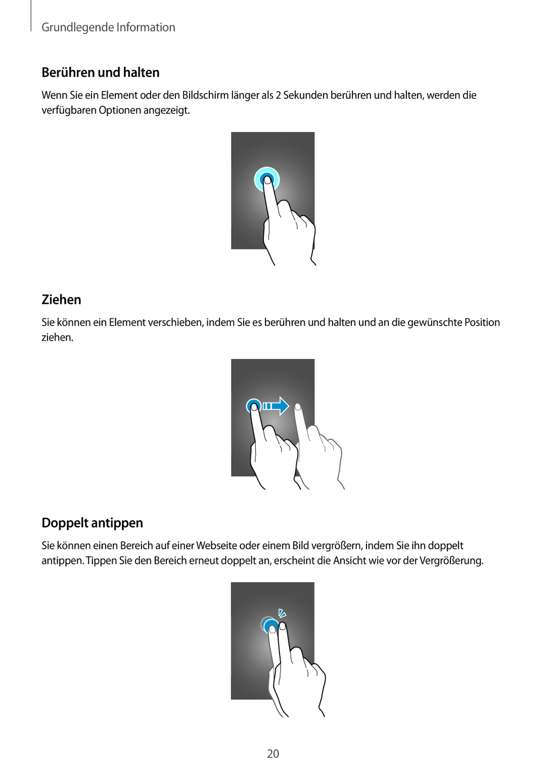 Samsung SM2G130HZANDBT, SM-G130HZWNVDR, SM-G130HZWNDDE, SM-G130HZWNDBT manual Berühren und halten, Ziehen, Doppelt antippen 