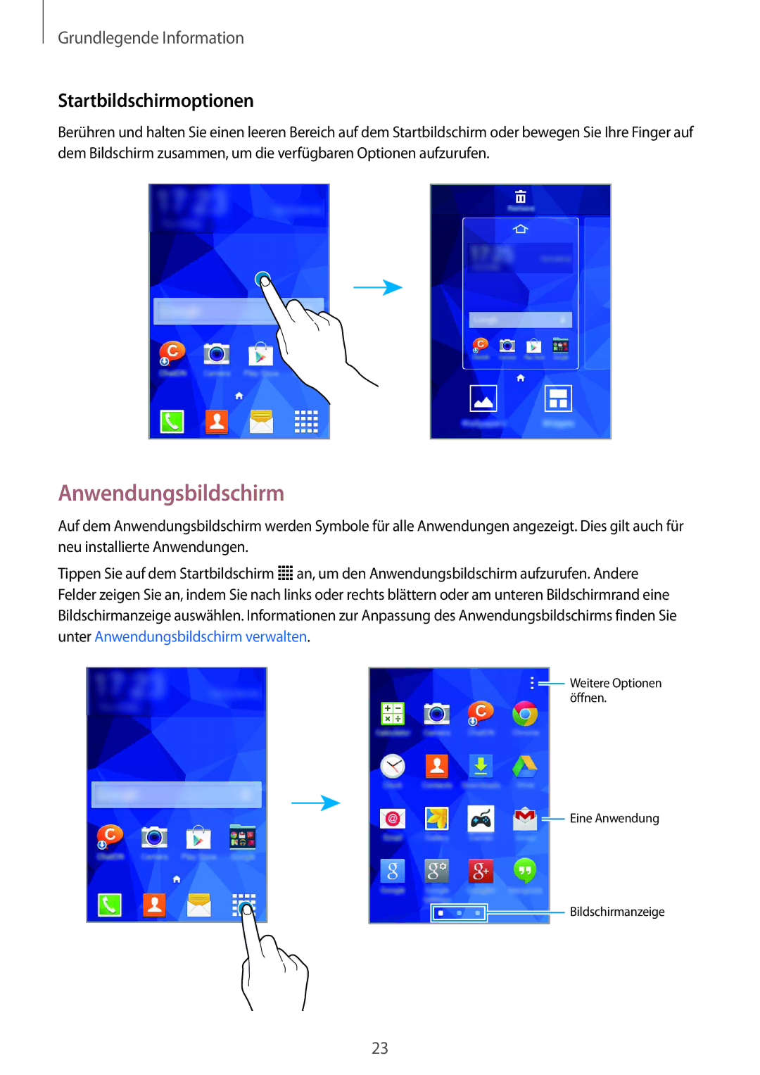 Samsung SM-G130HZWNDDE, SM-G130HZWNVDR, SM-G130HZWNDBT, SM-G130HZANSEB manual Anwendungsbildschirm, Startbildschirmoptionen 