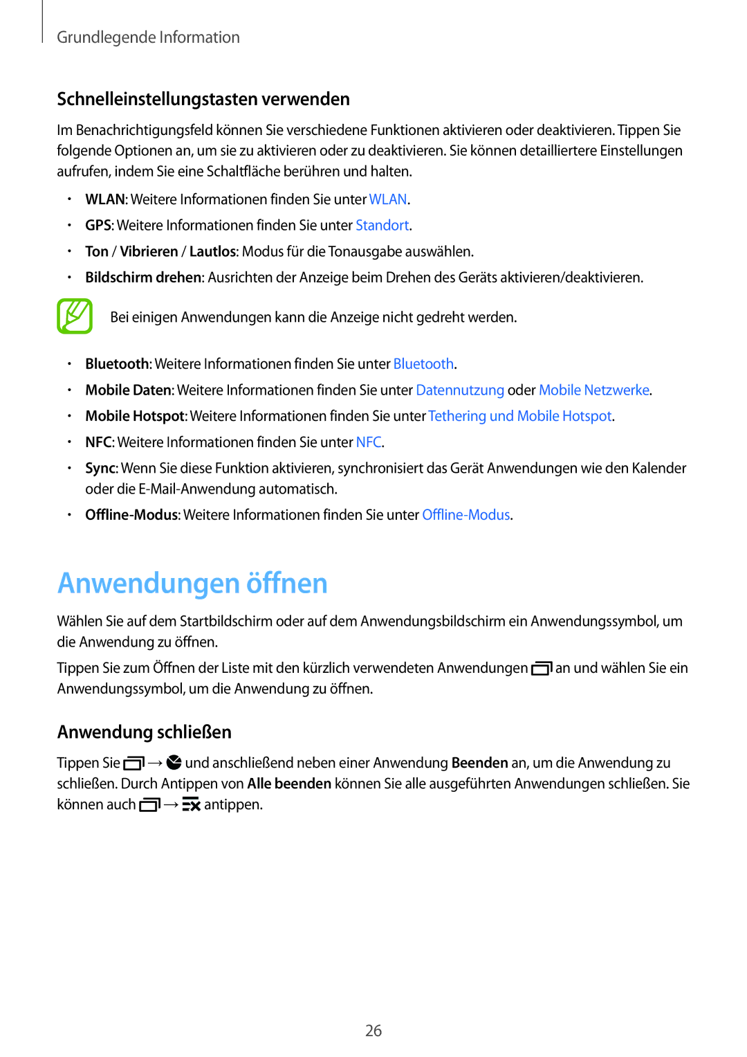 Samsung SM2G130HZWNDDE, SM-G130HZWNVDR manual Anwendungen öffnen, Schnelleinstellungstasten verwenden, Anwendung schließen 