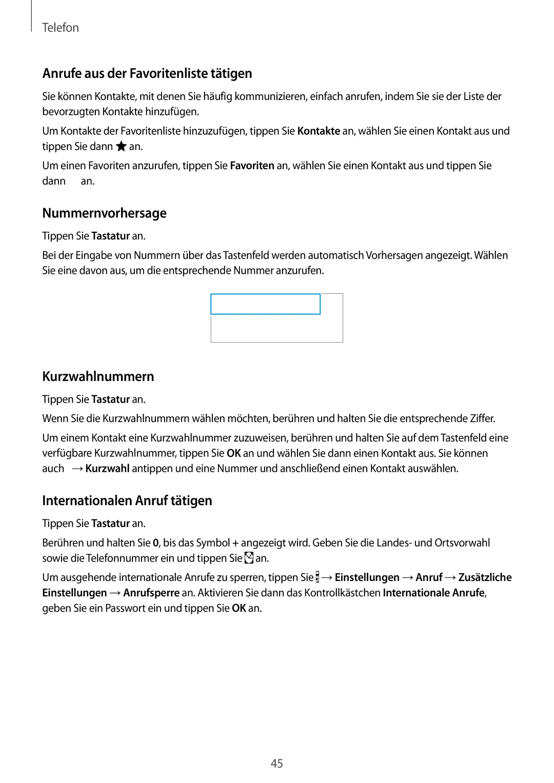 Samsung SM-G130HZWNDDE, SM-G130HZWNVDR manual Anrufe aus der Favoritenliste tätigen, Nummernvorhersage, Kurzwahlnummern 