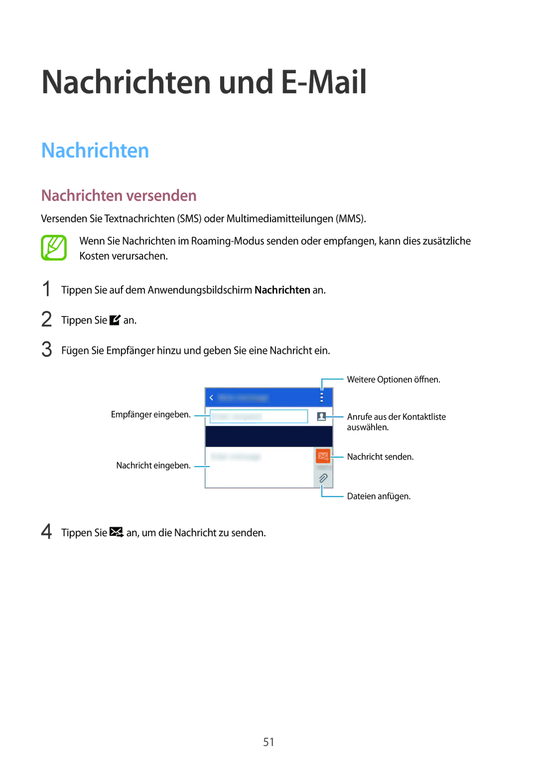 Samsung SM-G130HZWNSEB, SM-G130HZWNVDR, SM-G130HZWNDDE, SM-G130HZWNDBT manual Nachrichten und E-Mail, Nachrichten versenden 