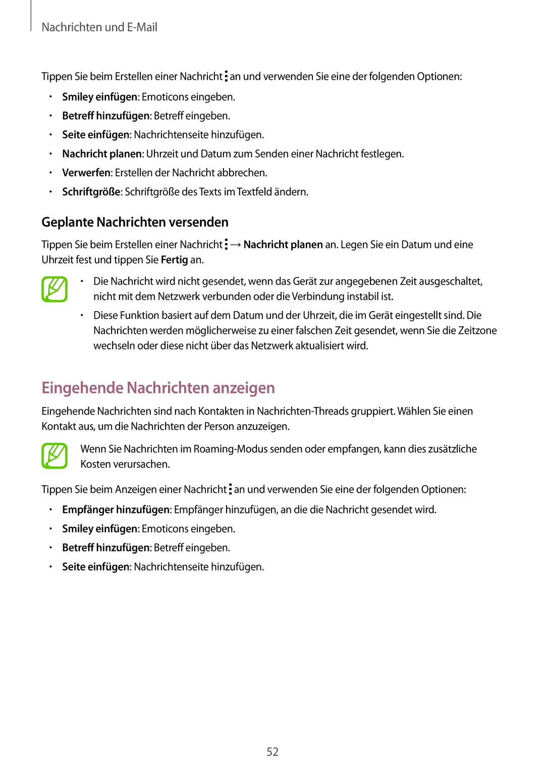 Samsung SM-G130HZWNEUR, SM-G130HZWNVDR, SM-G130HZWNDDE manual Eingehende Nachrichten anzeigen, Geplante Nachrichten versenden 