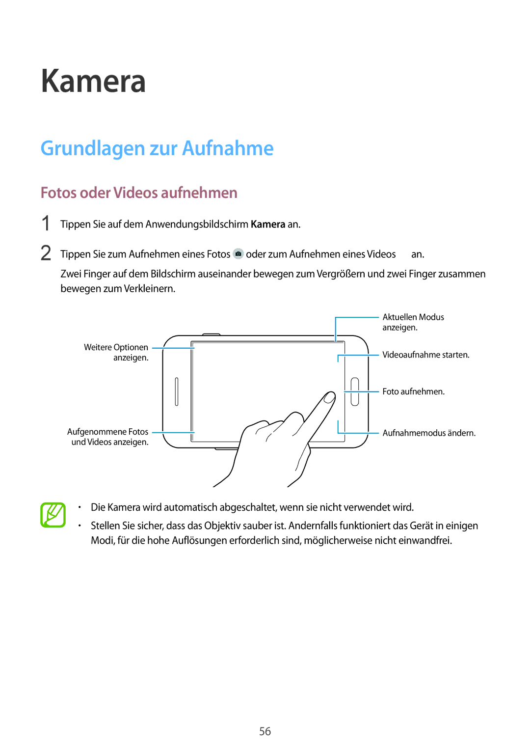 Samsung SM-G130HZWNVD2, SM-G130HZWNVDR, SM-G130HZWNDDE manual Kamera, Grundlagen zur Aufnahme, Fotos oder Videos aufnehmen 