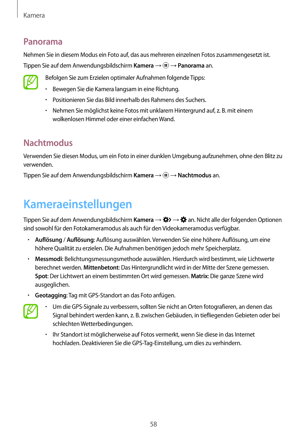 Samsung SM-G130HZWDTPH, SM-G130HZWNVDR, SM-G130HZWNDDE, SM-G130HZWNDBT manual Kameraeinstellungen, Panorama, Nachtmodus 