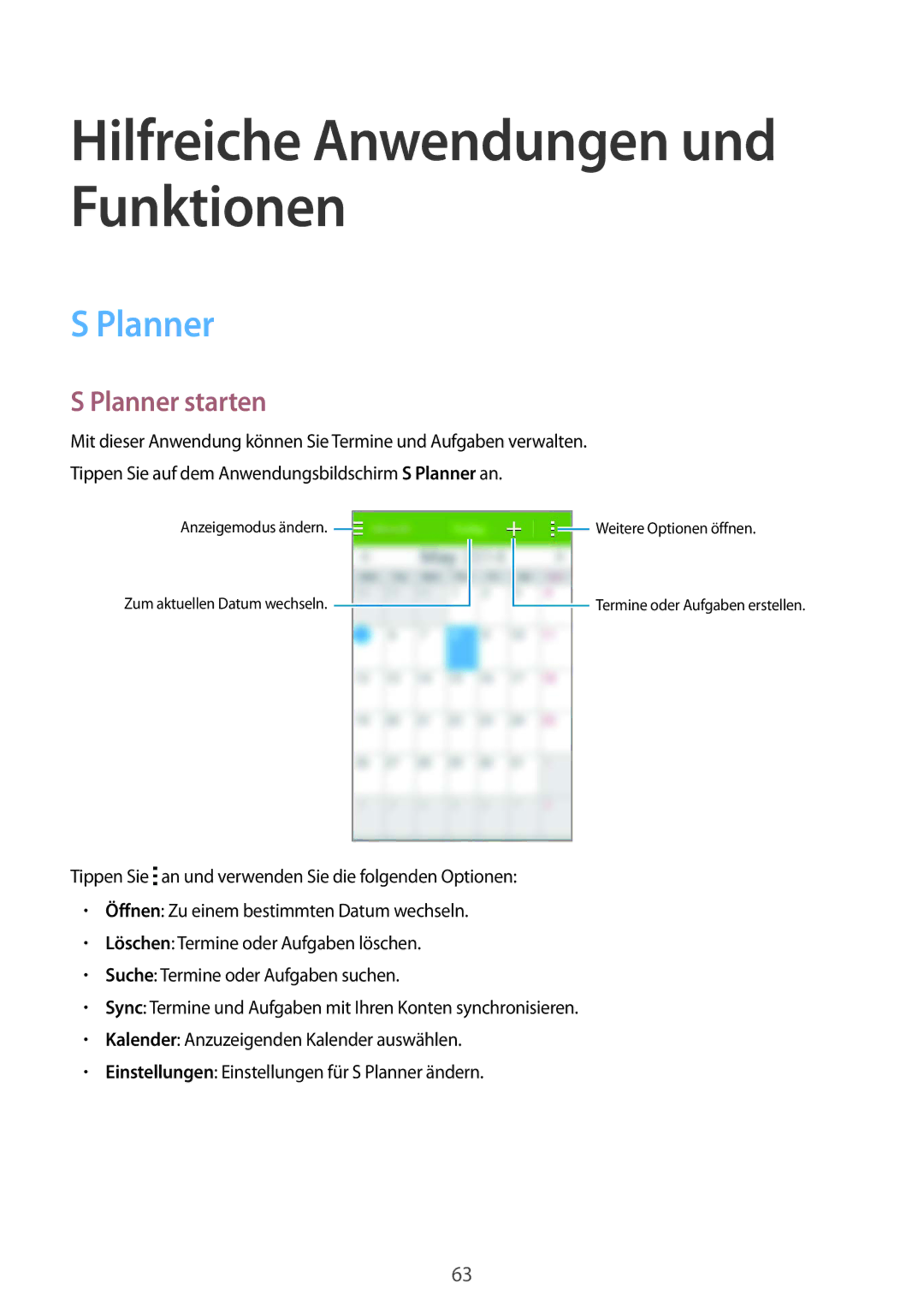 Samsung SM-G130HZANEUR, SM-G130HZWNVDR, SM-G130HZWNDDE manual Hilfreiche Anwendungen und Funktionen, Planner starten 