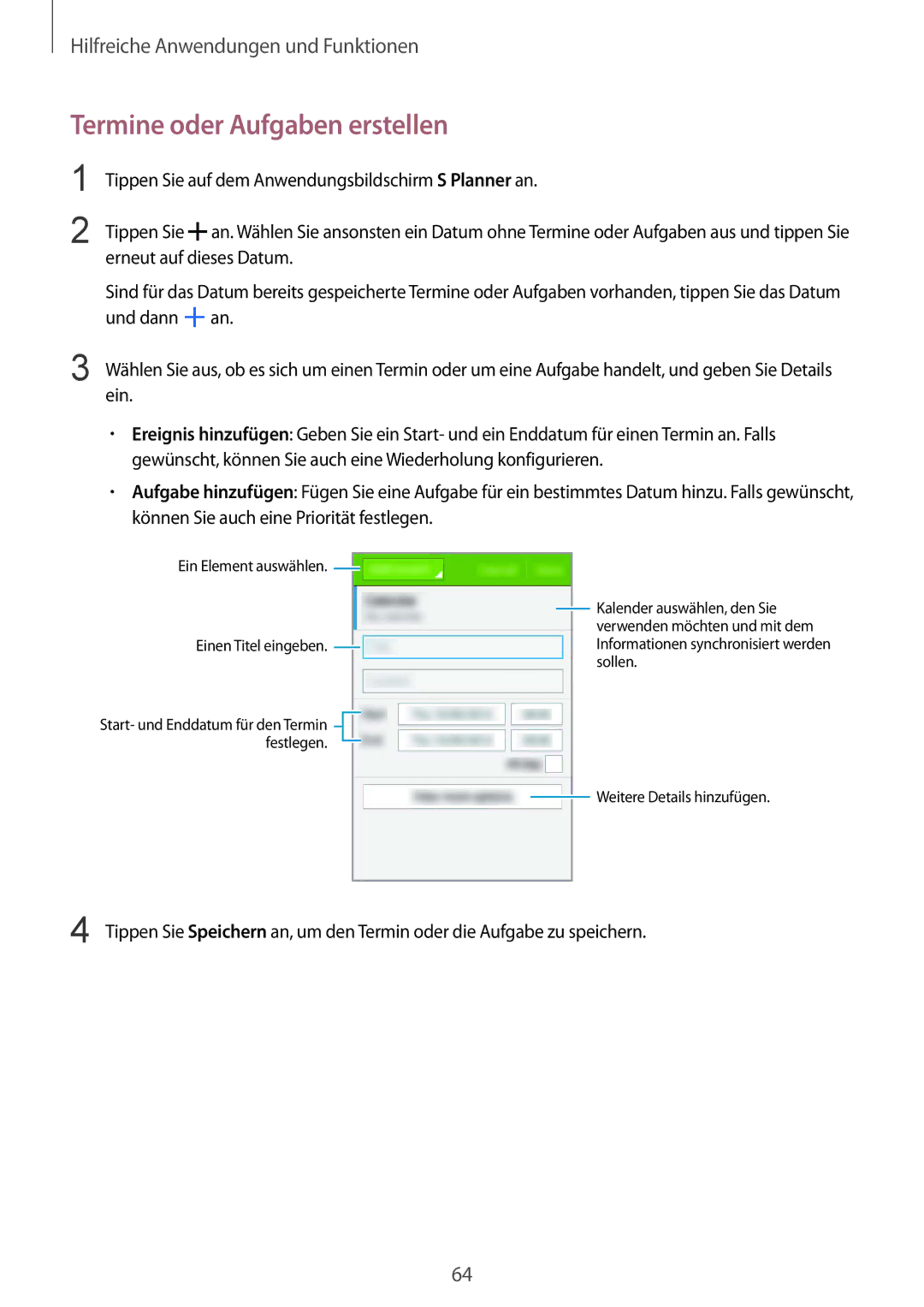 Samsung SM2G130HZANDBT, SM-G130HZWNVDR, SM-G130HZWNDDE, SM-G130HZWNDBT, SM-G130HZANSEB manual Termine oder Aufgaben erstellen 