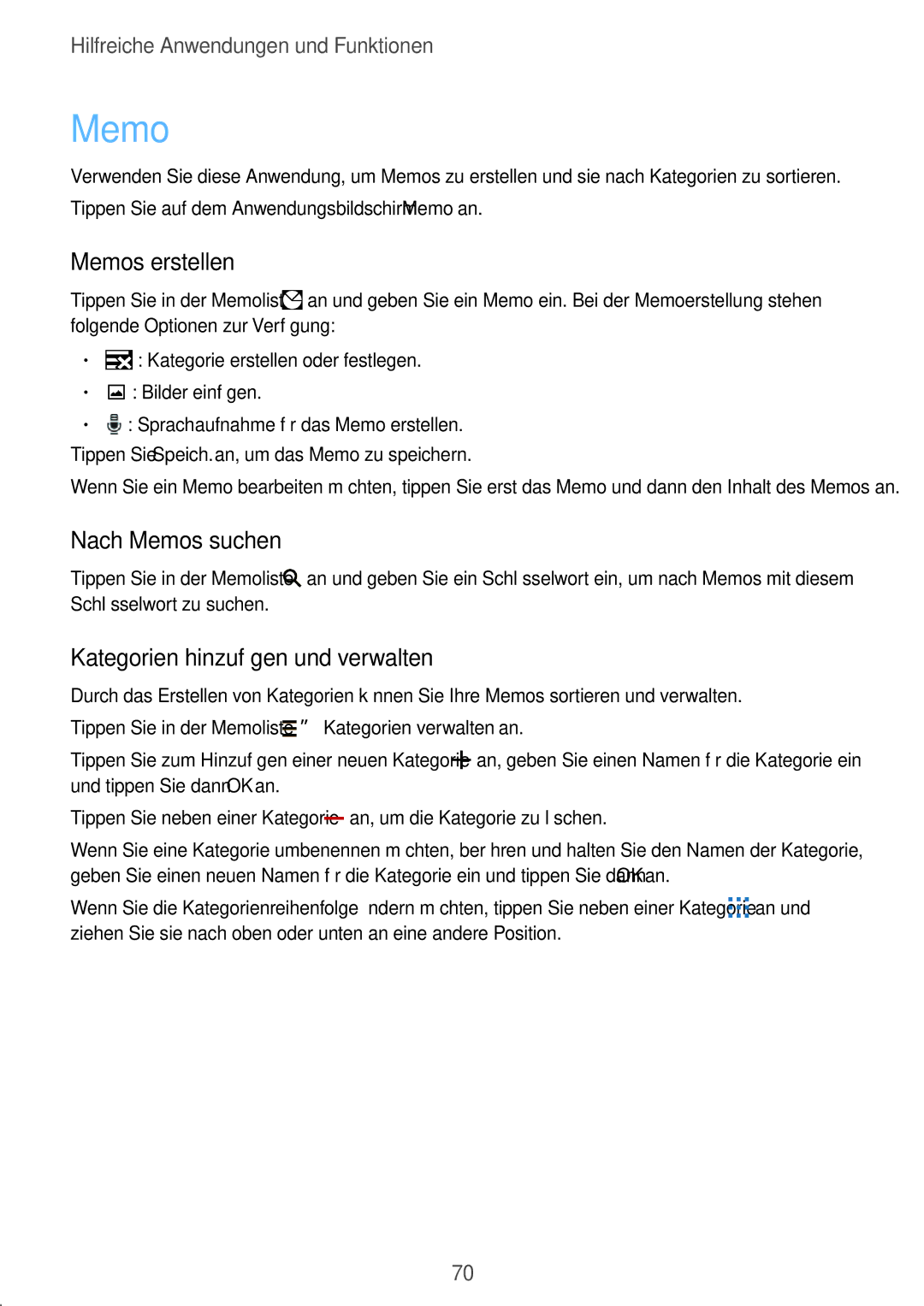 Samsung SM2G130HZWNDDE, SM-G130HZWNVDR manual Memos erstellen, Nach Memos suchen, Kategorien hinzufügen und verwalten 