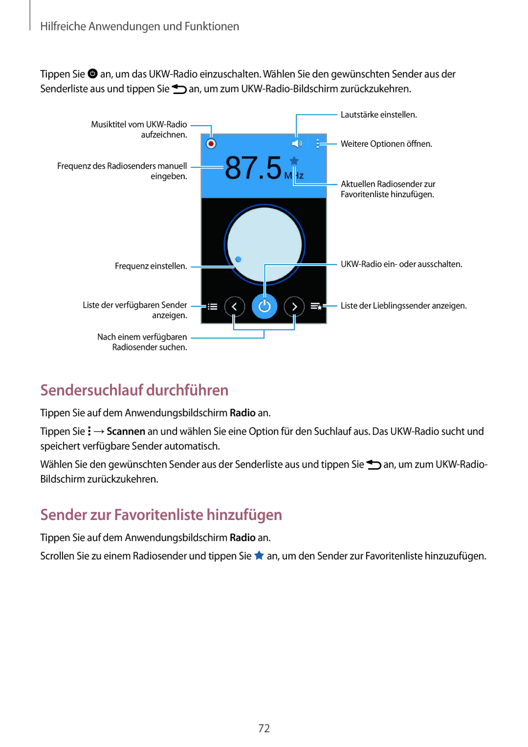 Samsung SM-G130HZANOPT, SM-G130HZWNVDR, SM-G130HZWNDDE Sendersuchlauf durchführen, Sender zur Favoritenliste hinzufügen 