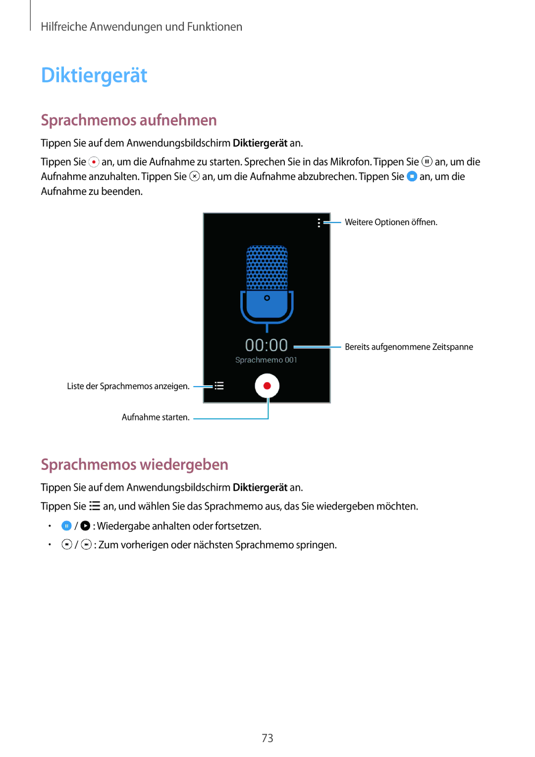 Samsung SM-G130HZWNSEB, SM-G130HZWNVDR, SM-G130HZWNDDE manual Diktiergerät, Sprachmemos aufnehmen, Sprachmemos wiedergeben 