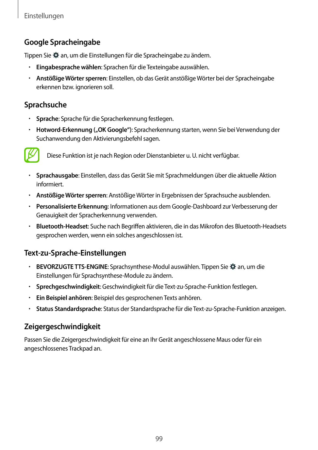 Samsung SM-G130HZADTPH, SM-G130HZWNVDR manual Google Spracheingabe, Text-zu-Sprache-Einstellungen, Zeigergeschwindigkeit 