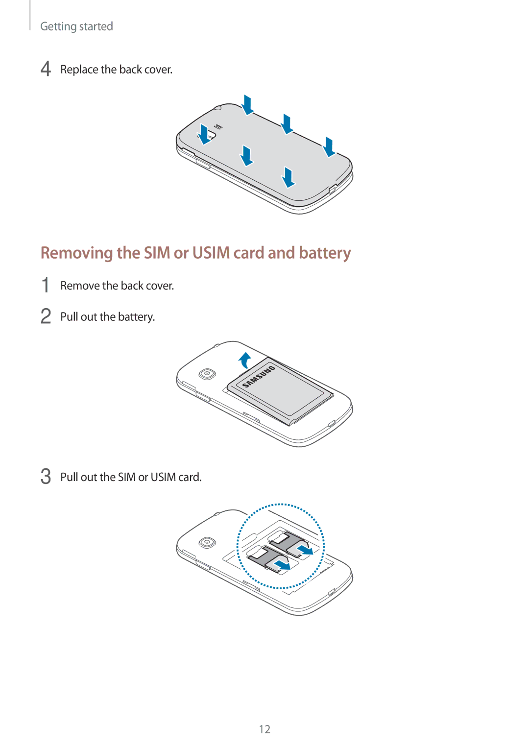 Samsung SM-G130MZAAILO, SM-G130MZWAILO, SM-G130MZAAPCL, SM-G130MZWAPCL manual Removing the SIM or Usim card and battery 