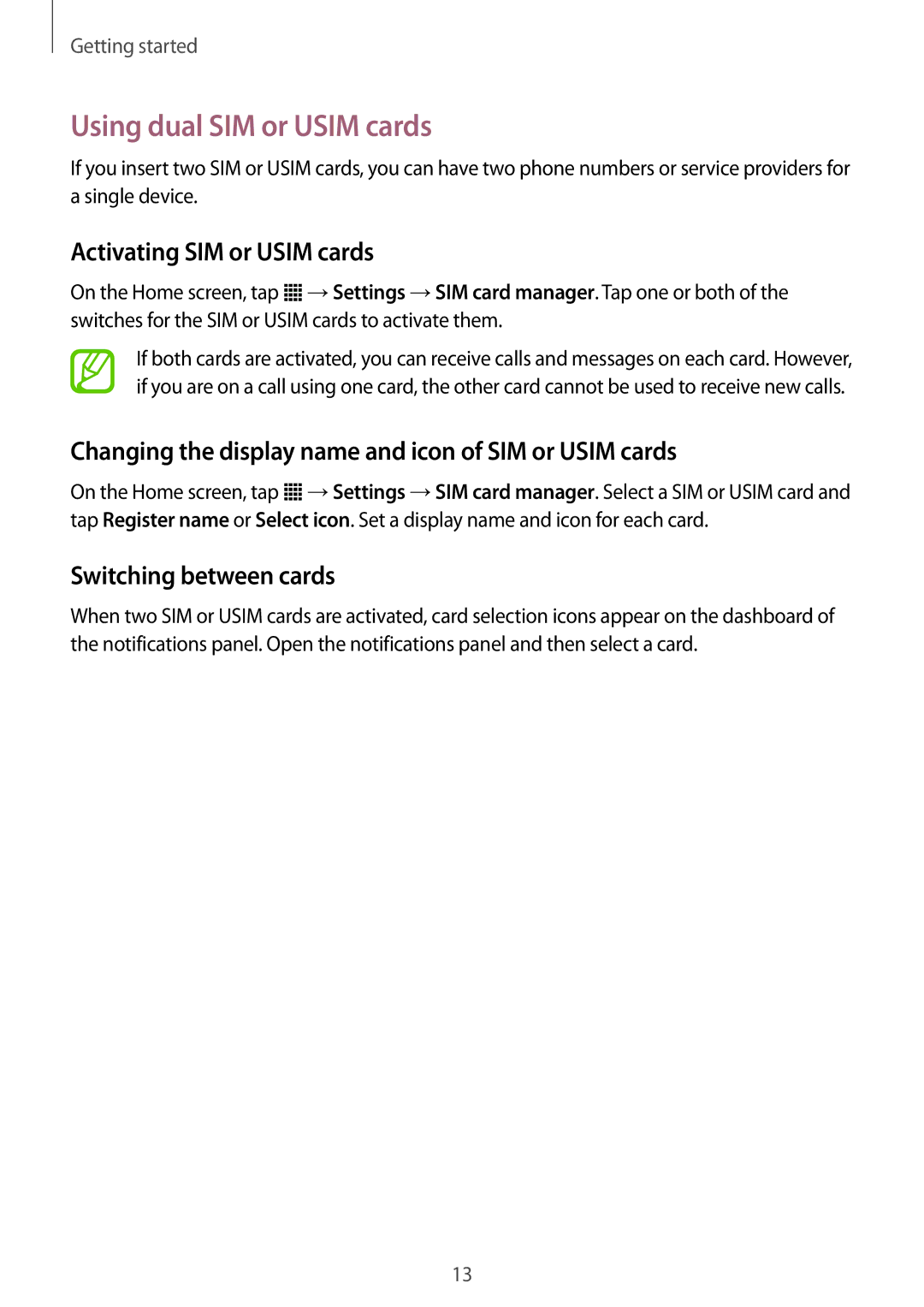 Samsung SM-G130MZWAILO, SM-G130MZAAILO Using dual SIM or Usim cards, Activating SIM or Usim cards, Switching between cards 