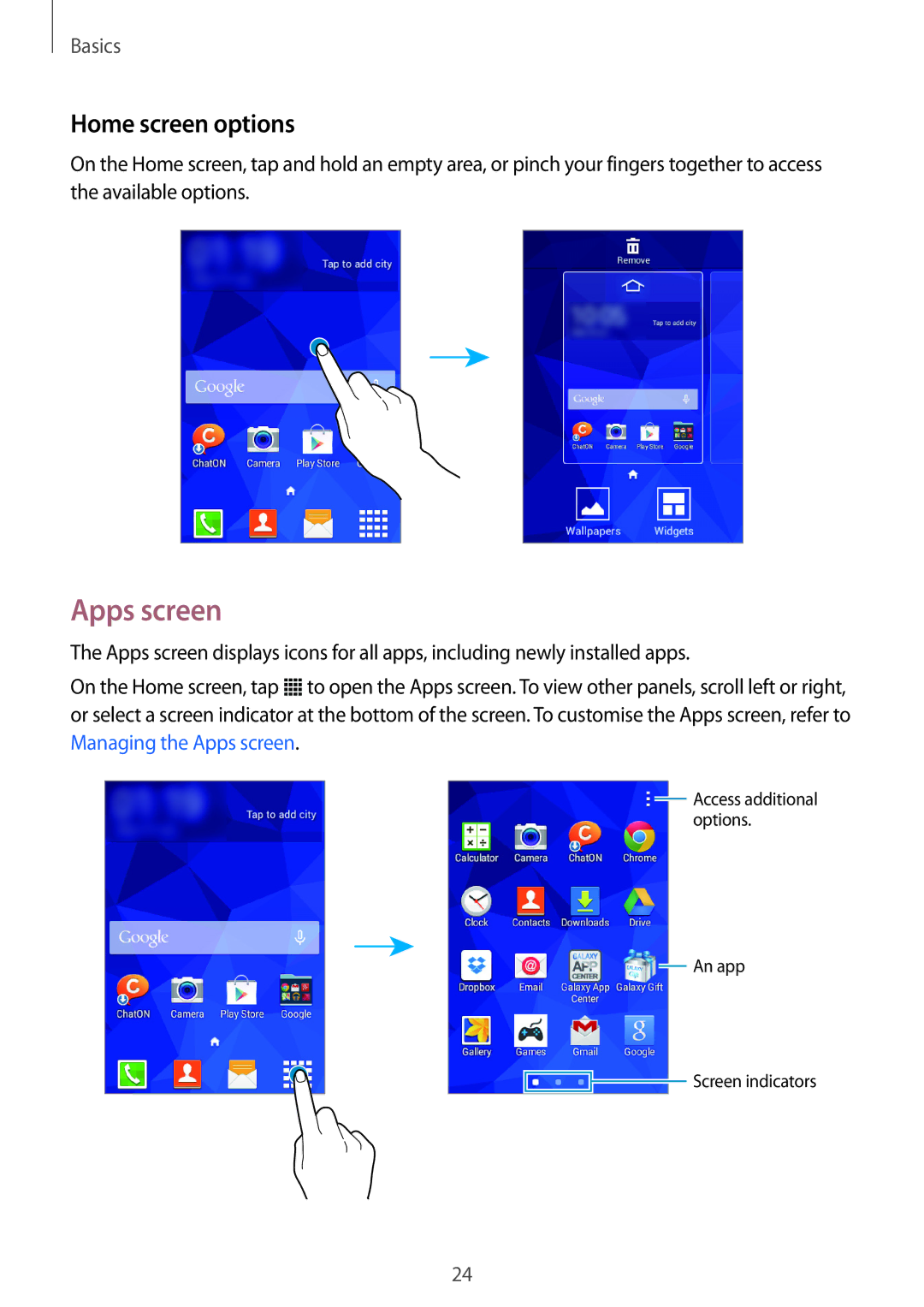 Samsung SM-G130MZAAILO, SM-G130MZWAILO, SM-G130MZAAPCL, SM-G130MZWAPCL manual Apps screen, Home screen options 