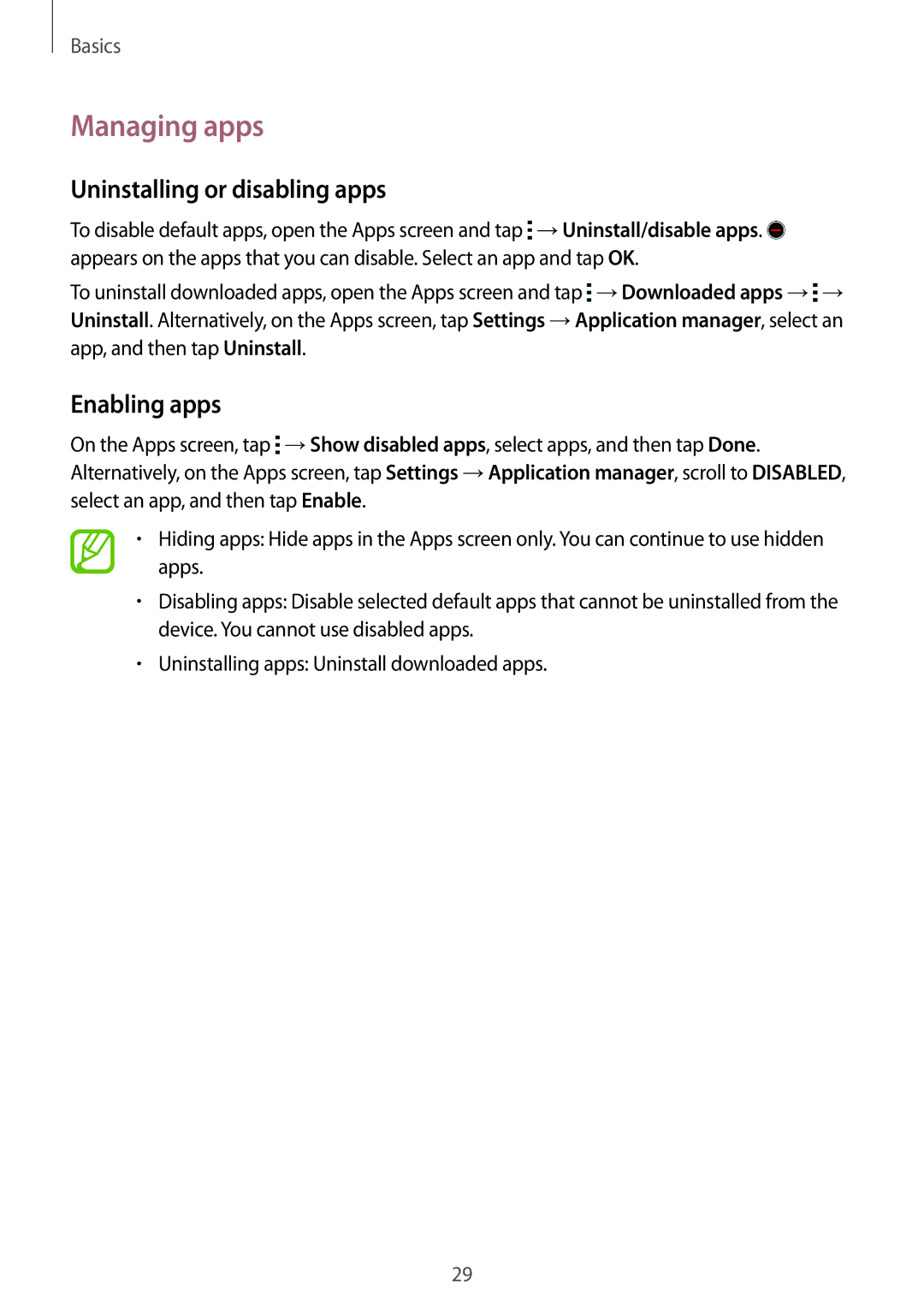 Samsung SM-G130MZWAILO, SM-G130MZAAILO, SM-G130MZAAPCL manual Managing apps, Uninstalling or disabling apps, Enabling apps 