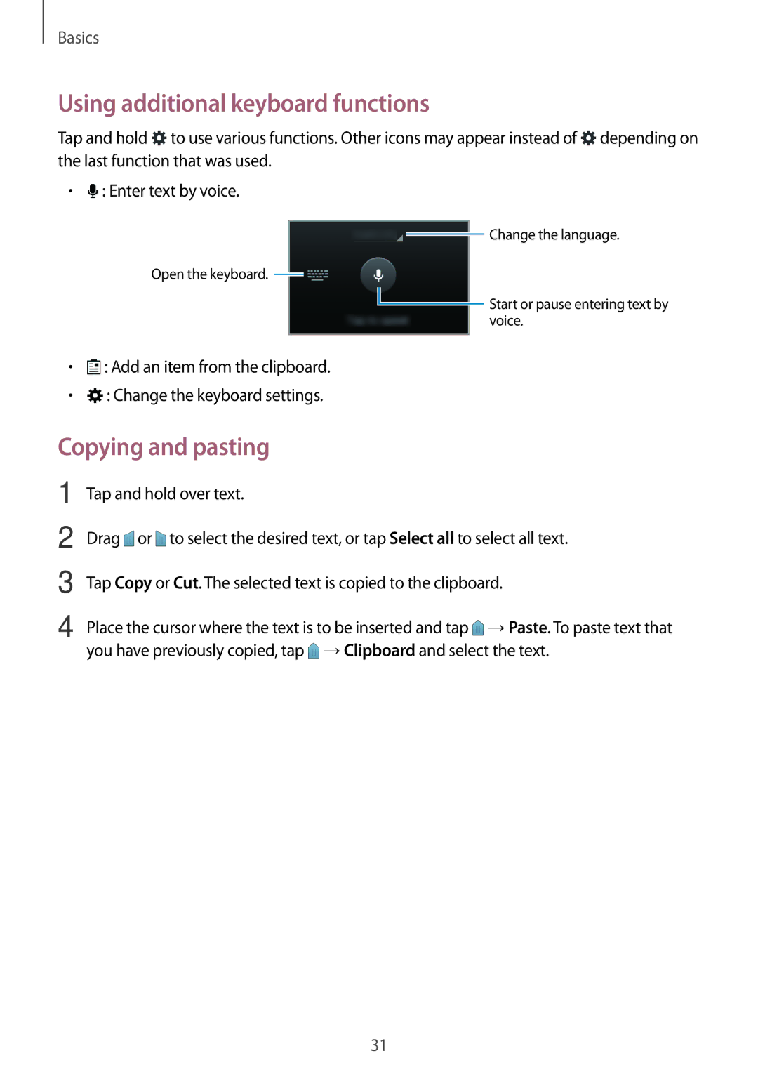 Samsung SM-G130MZWAPCL, SM-G130MZAAILO, SM-G130MZWAILO manual Using additional keyboard functions, Copying and pasting 