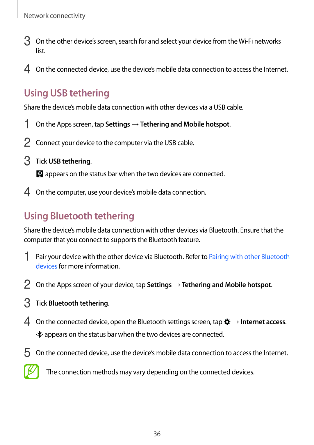 Samsung SM-G130MZAAILO manual Using USB tethering, Using Bluetooth tethering, Tick USB tethering, Tick Bluetooth tethering 