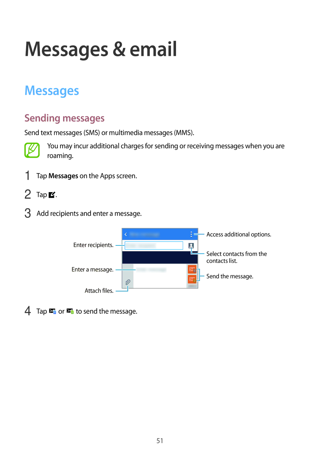 Samsung SM-G130MZWAPCL, SM-G130MZAAILO, SM-G130MZWAILO, SM-G130MZAAPCL manual Messages & email, Sending messages 