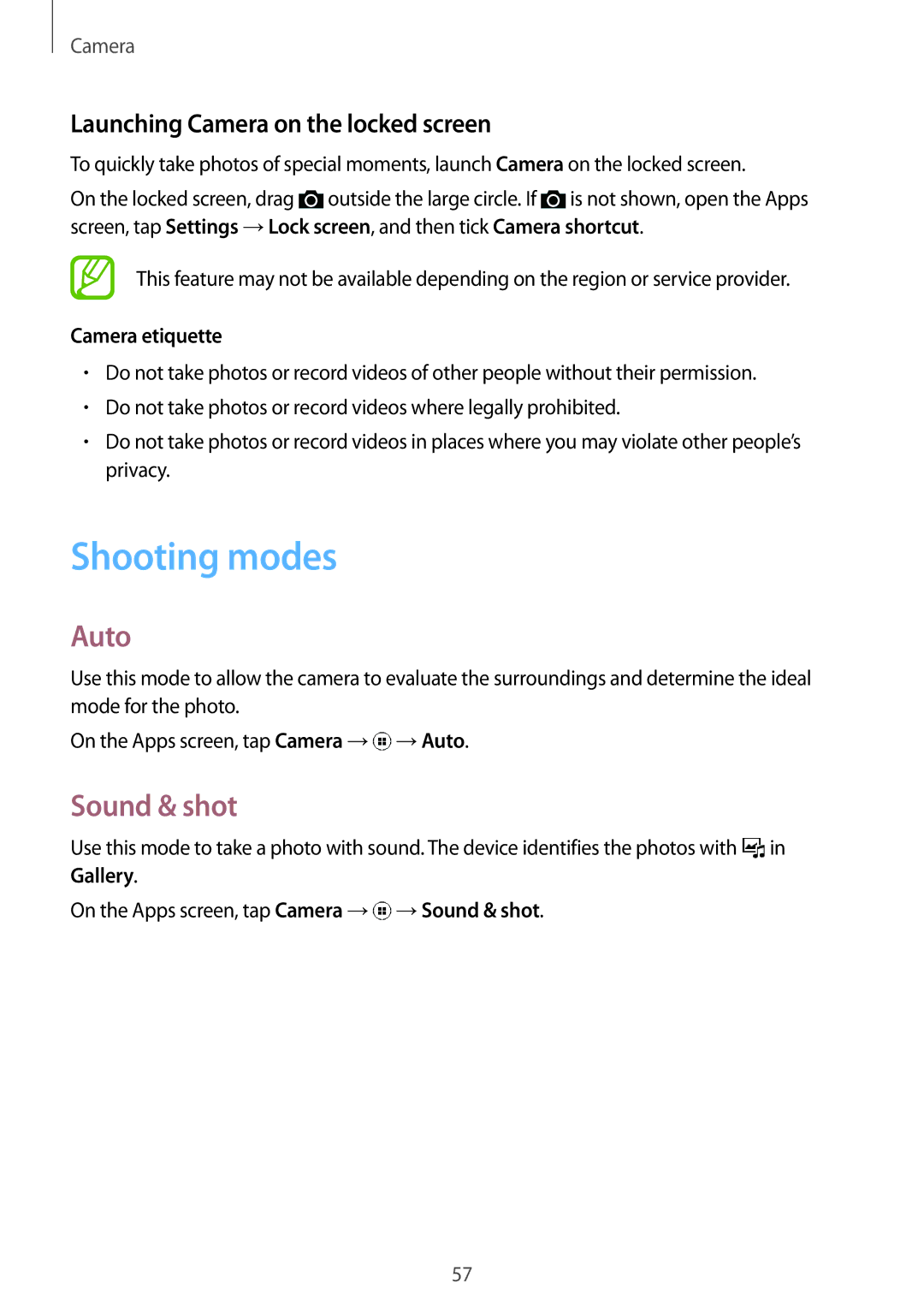 Samsung SM-G130MZWAILO manual Shooting modes, Auto, Sound & shot, Launching Camera on the locked screen, Camera etiquette 