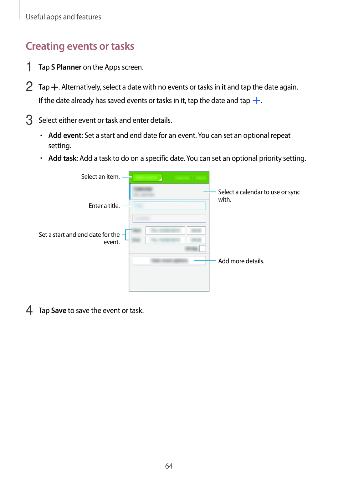 Samsung SM-G130MZAAILO, SM-G130MZWAILO, SM-G130MZAAPCL, SM-G130MZWAPCL manual Creating events or tasks 