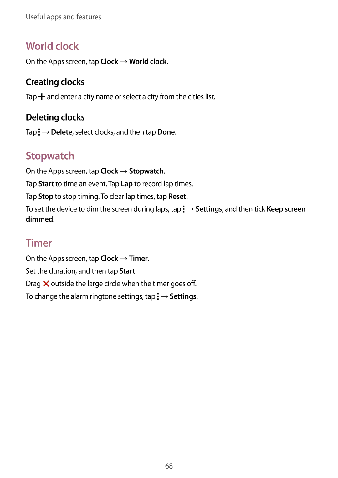 Samsung SM-G130MZAAILO, SM-G130MZWAILO, SM-G130MZAAPCL manual World clock, Stopwatch, Timer, Creating clocks, Deleting clocks 