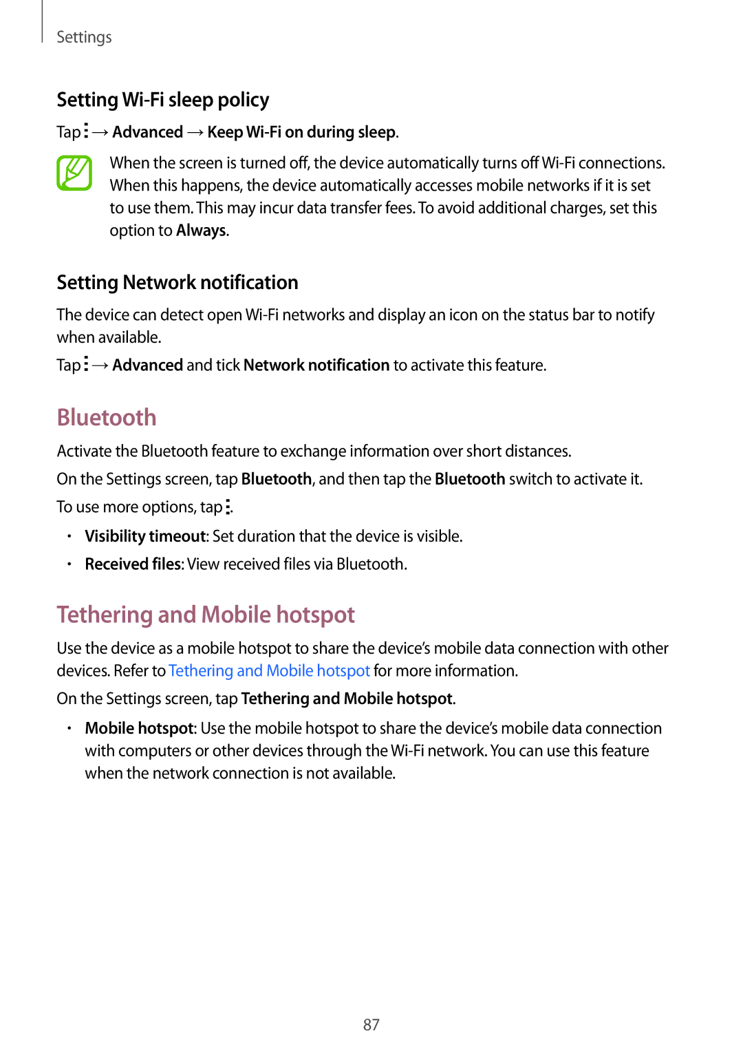 Samsung SM-G130MZWAPCL Bluetooth, Tethering and Mobile hotspot, Setting Wi-Fi sleep policy, Setting Network notification 