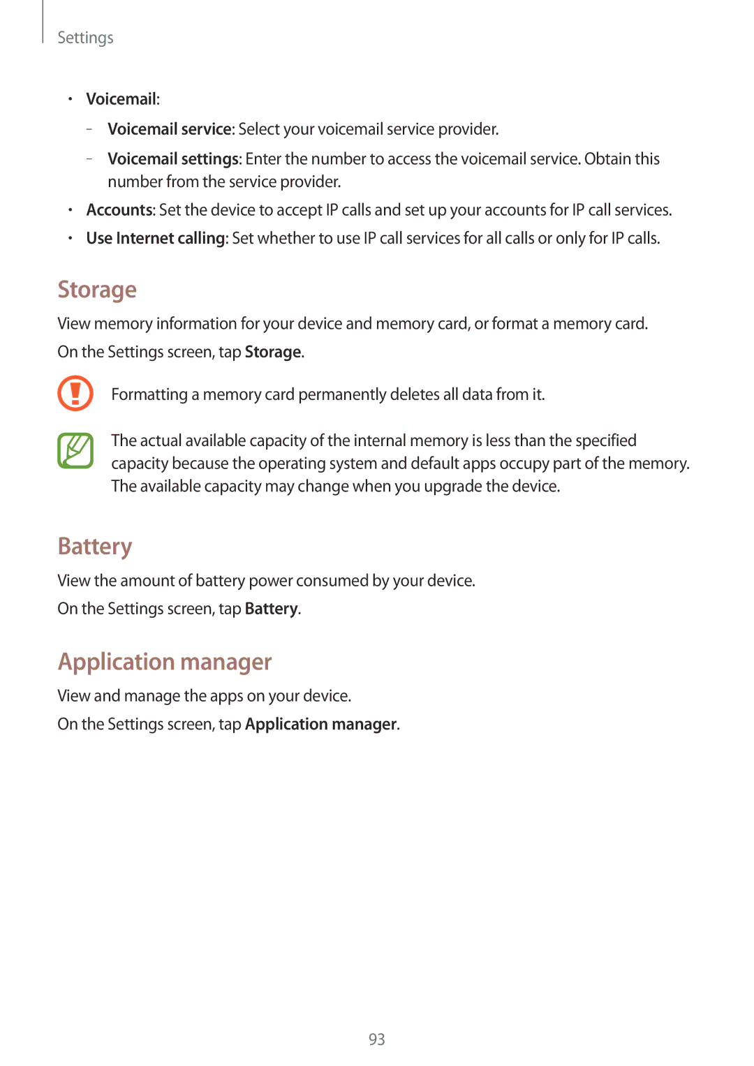 Samsung SM-G130MZWAILO, SM-G130MZAAILO, SM-G130MZAAPCL, SM-G130MZWAPCL manual Storage, Battery, Application manager, Voicemail 