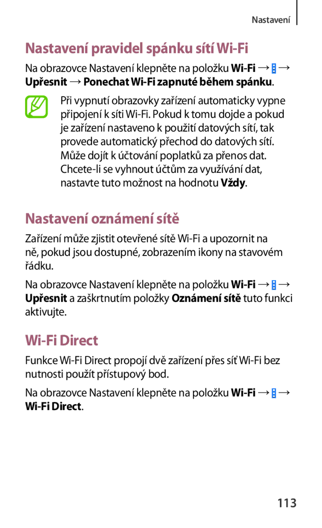 Samsung SM-G310HZWNATO, SM-G310HZANATO Nastavení pravidel spánku sítí Wi-Fi, Nastavení oznámení sítě, Wi-Fi Direct, 113 