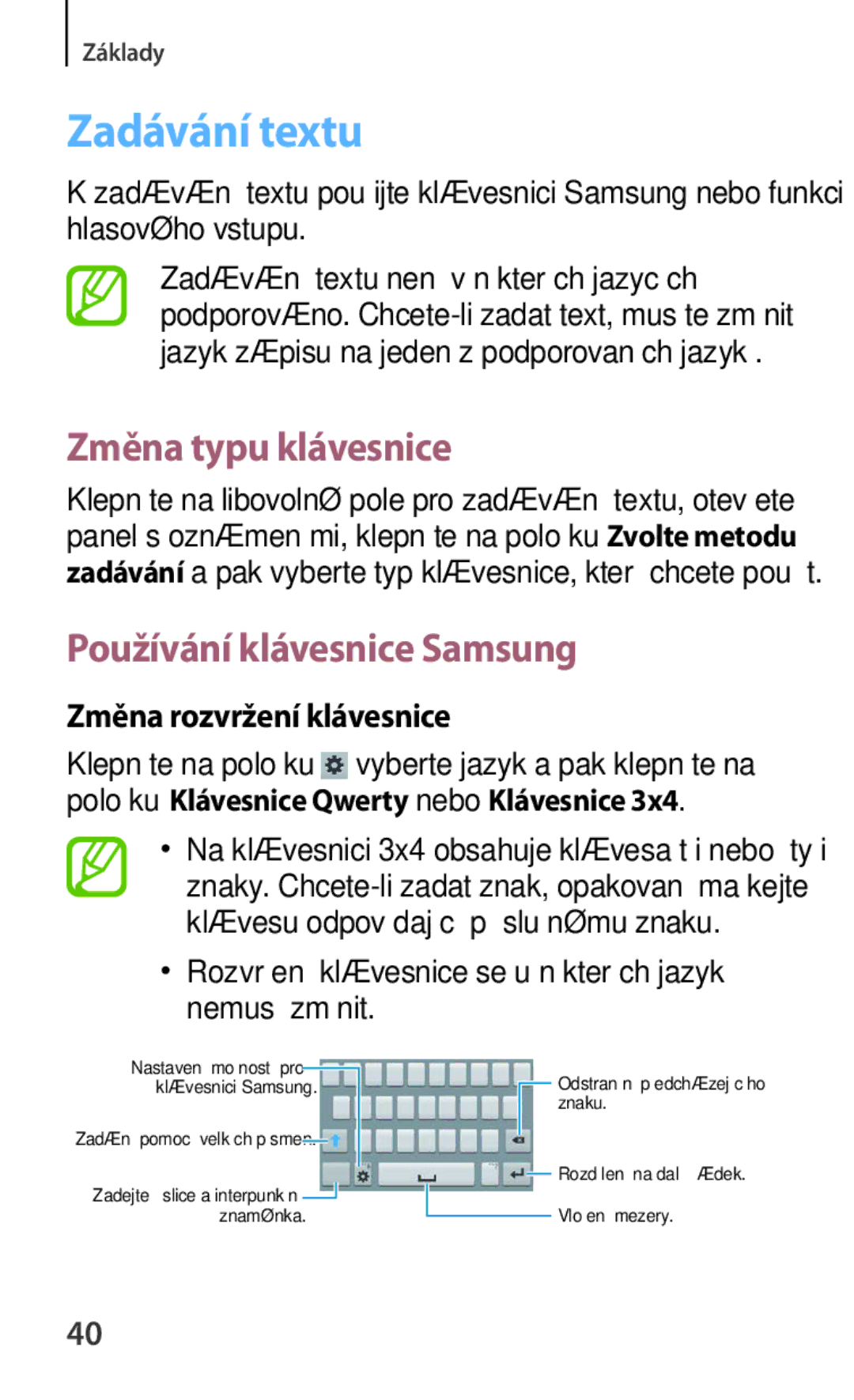 Samsung SM-G310HZANVDC Zadávání textu, Změna typu klávesnice, Používání klávesnice Samsung, Změna rozvržení klávesnice 