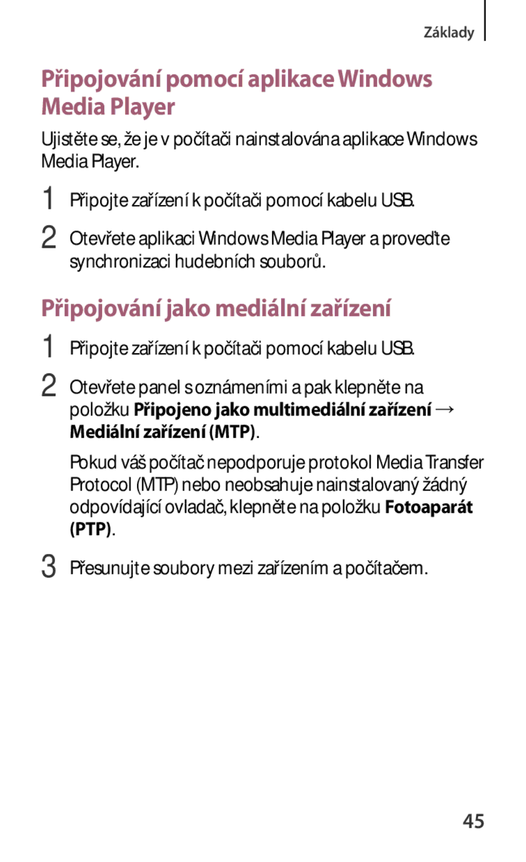 Samsung SM-G310HZANATO manual Připojování pomocí aplikace Windows Media Player, Připojování jako mediální zařízení 