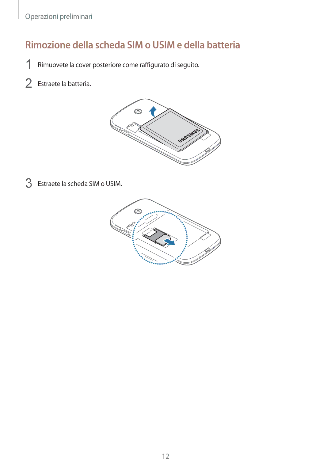 Samsung SM-G310HZANITV, SM-G310HZANDBT, SM-G310HZWNITV, SM-G310HZANOMN Rimozione della scheda SIM o Usim e della batteria 