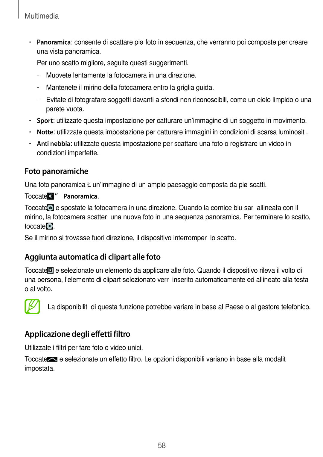 Samsung SM-G310HZANOMN manual Foto panoramiche, Aggiunta automatica di clipart alle foto, Applicazione degli effetti filtro 