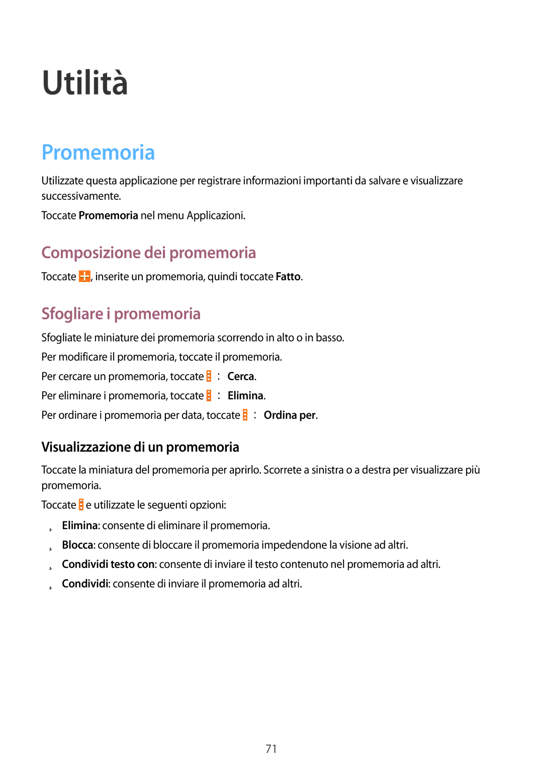 Samsung SM-G310HZWNITV, SM-G310HZANDBT manual Utilità, Promemoria, Composizione dei promemoria, Sfogliare i promemoria 