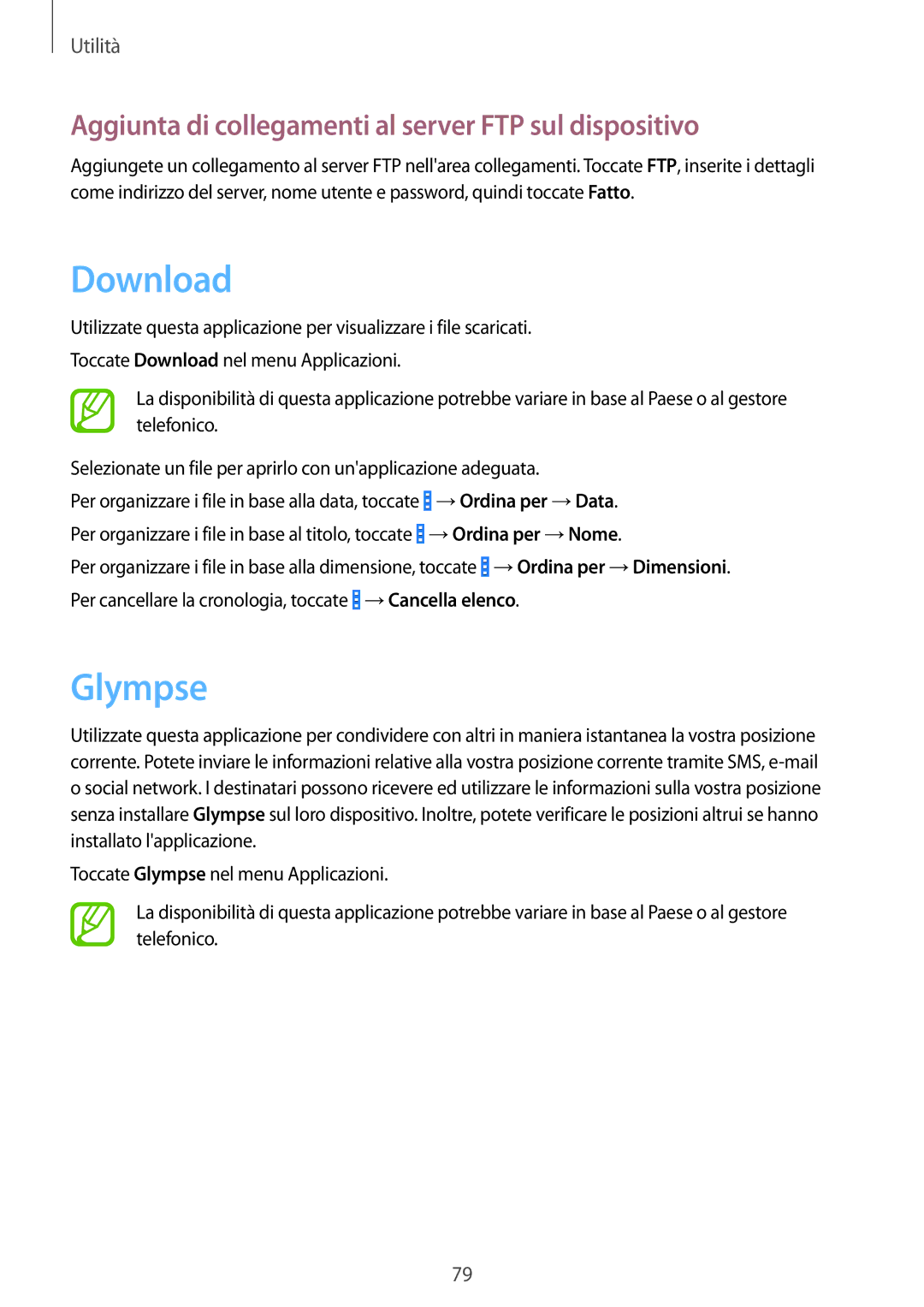 Samsung SM-G310HZWNOMN, SM-G310HZANDBT manual Download, Glympse, Aggiunta di collegamenti al server FTP sul dispositivo 