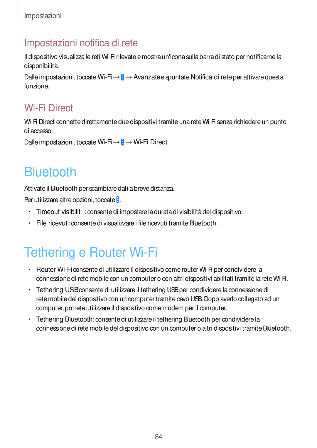 Samsung SM-G310HZWNOMN, SM-G310HZANDBT manual Tethering e Router Wi-Fi, Impostazioni notifica di rete, Wi-Fi Direct 