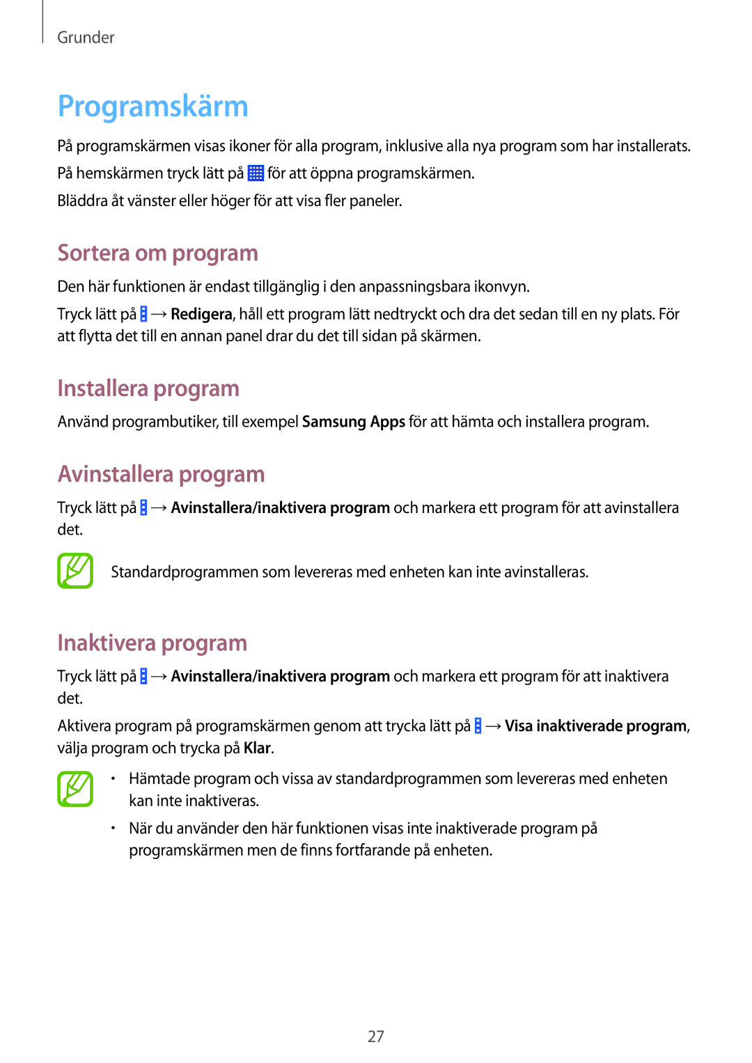 Samsung SM-G310HZANNEE Programskärm, Sortera om program, Installera program, Avinstallera program, Inaktivera program 