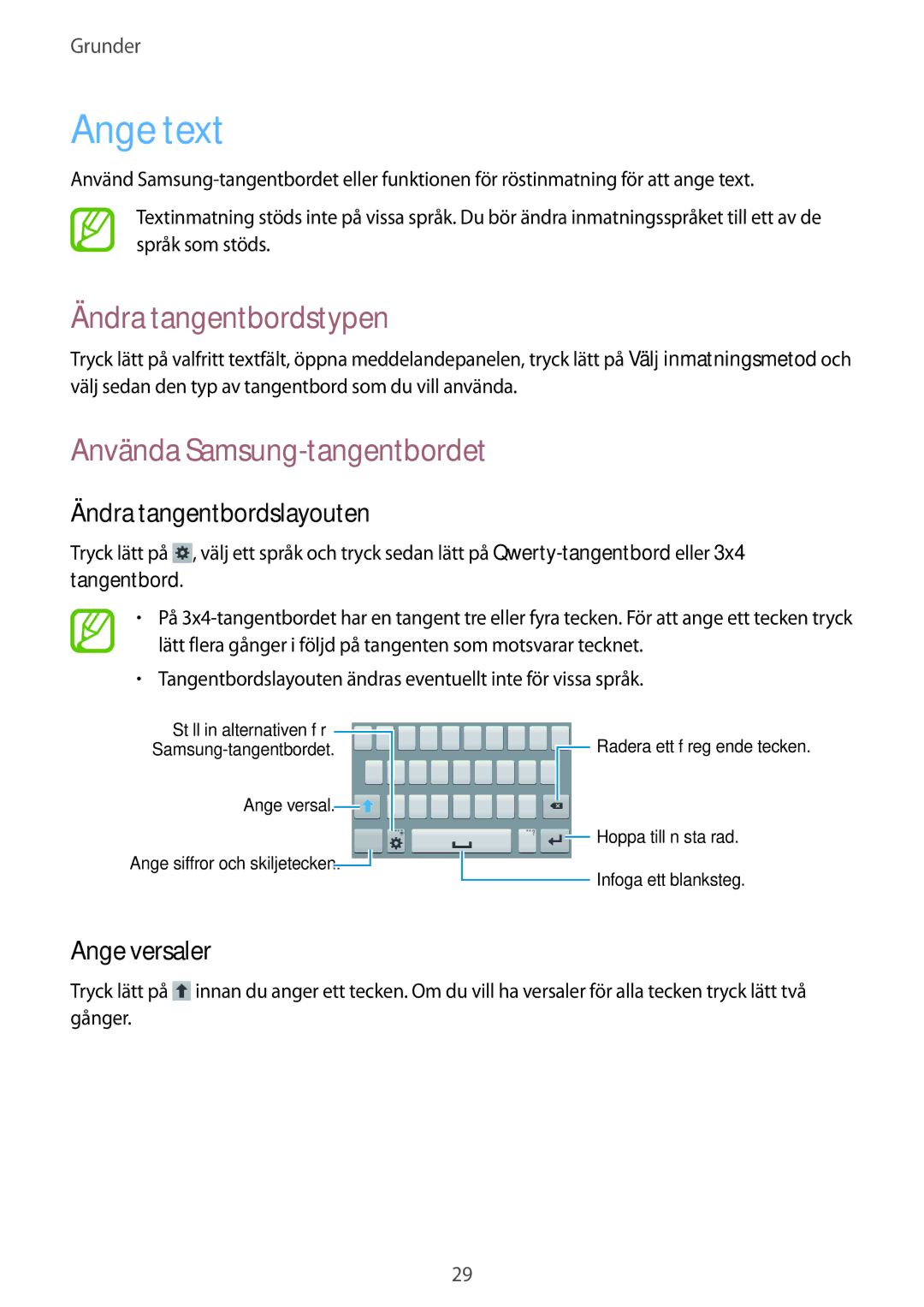 Samsung SM-G310HZWNNEE manual Ange text, Ändra tangentbordstypen, Använda Samsung-tangentbordet, Ändra tangentbordslayouten 