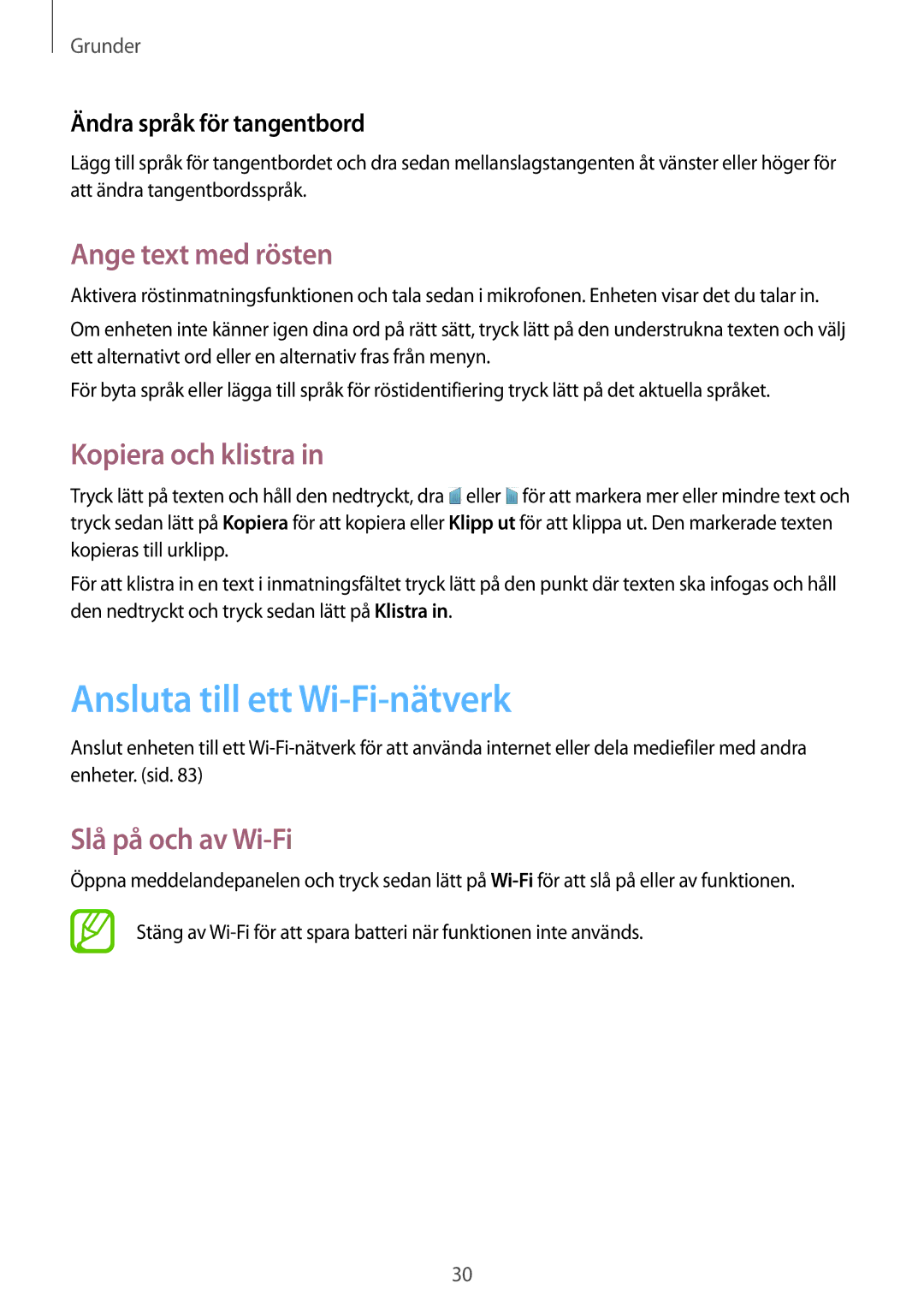 Samsung SM-G310HZANNEE Ansluta till ett Wi-Fi-nätverk, Ange text med rösten, Kopiera och klistra, Slå på och av Wi-Fi 